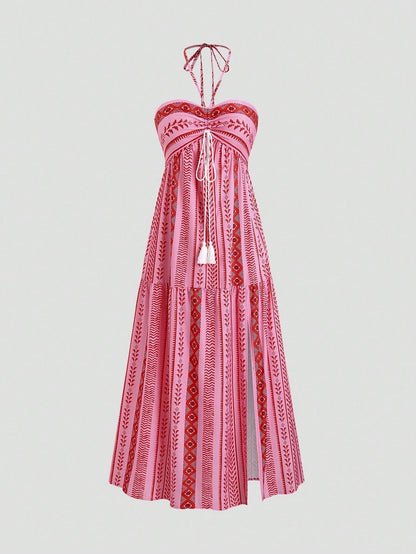 Print Halter Print String Midi Dress