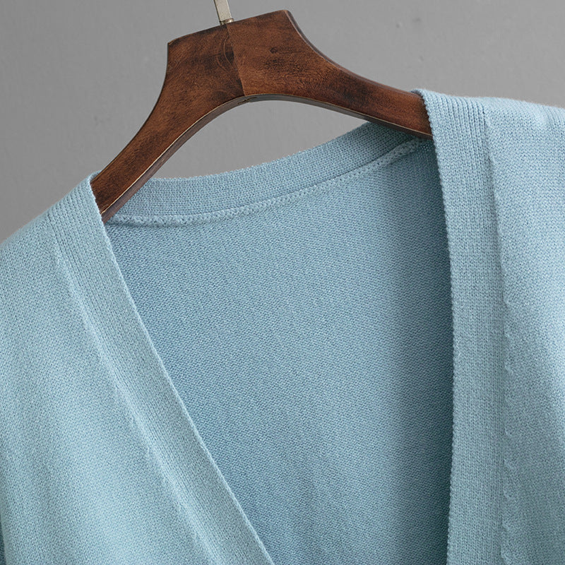 Elegant V-Neck Solid Color Loose Knit Cardigan