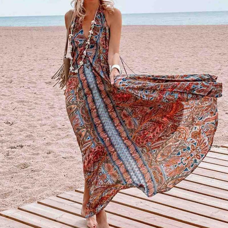 Printed Neck V-Neck Bohemian Dress