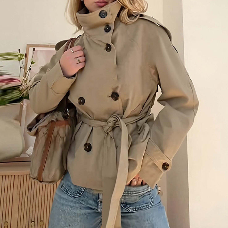 Trendy Solid Color Double-Breasted Waist Tie Short Coat