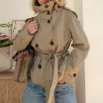 Trendy Solid Color Double-Breasted Waist Tie Short Coat