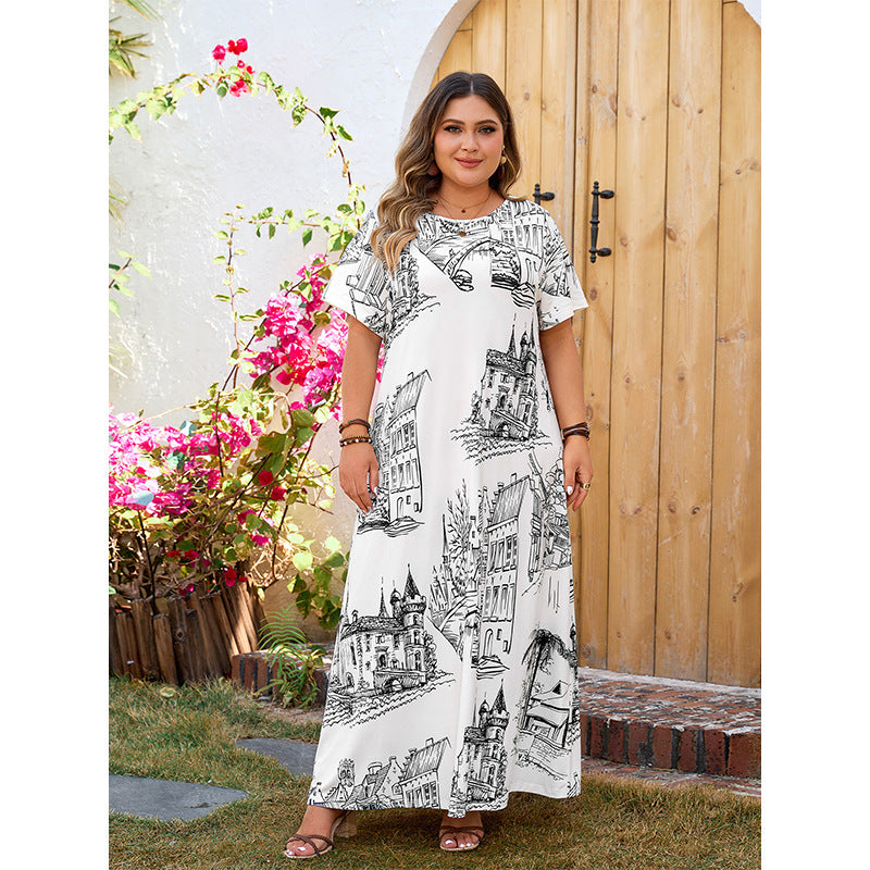 Chic Floral Maxi Dress Plus Size Short Sleeve Dress