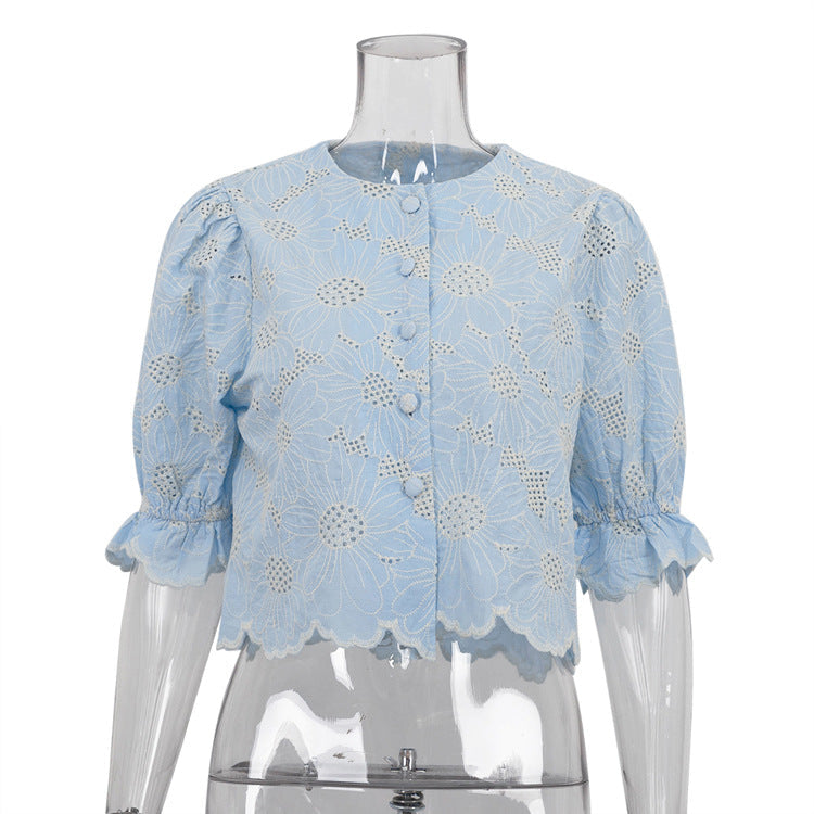 Embroidered Crop Top With Flared Sleeves