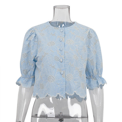 Embroidered Crop Top With Flared Sleeves