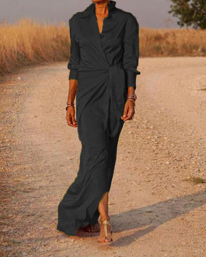 Women'S Tie-Up High-Rise Split Mop Dress With Long Sleeves And Lapels Sexy Dress