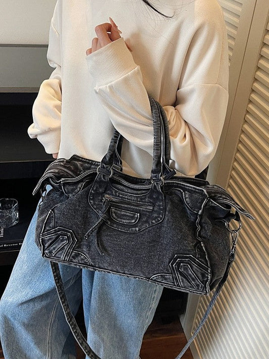 High Capacity Denim Motorcycle Bag Trendy Casual Shoulder Bag