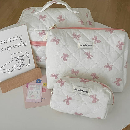 Quilted Makeup Bag with Bow Cute Portable Storage Bag