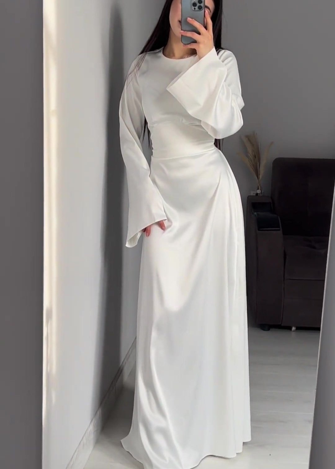 Satin Long Sleeve Maxi Dress With Lace Up Back