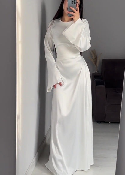 Satin Long Sleeve Maxi Dress With Lace Up Back