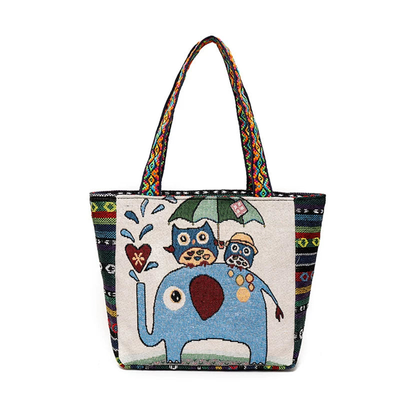Tote Bag Women'S Bag Going Out Canvas Bag Double-Sided Casual Embroidery Large-Capacity Handbag Ethnic Style Small Square Bag