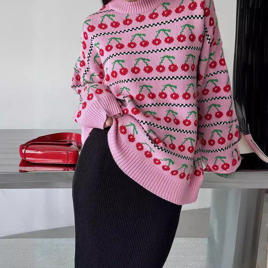 Cherry Print Contrast Color Sweater