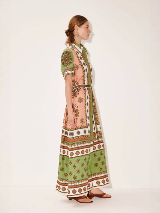 Elegant Floral Linen Midi Dress with Waist Tie