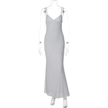 Elegant Polka Dot Deep V Neck Maxi Dress