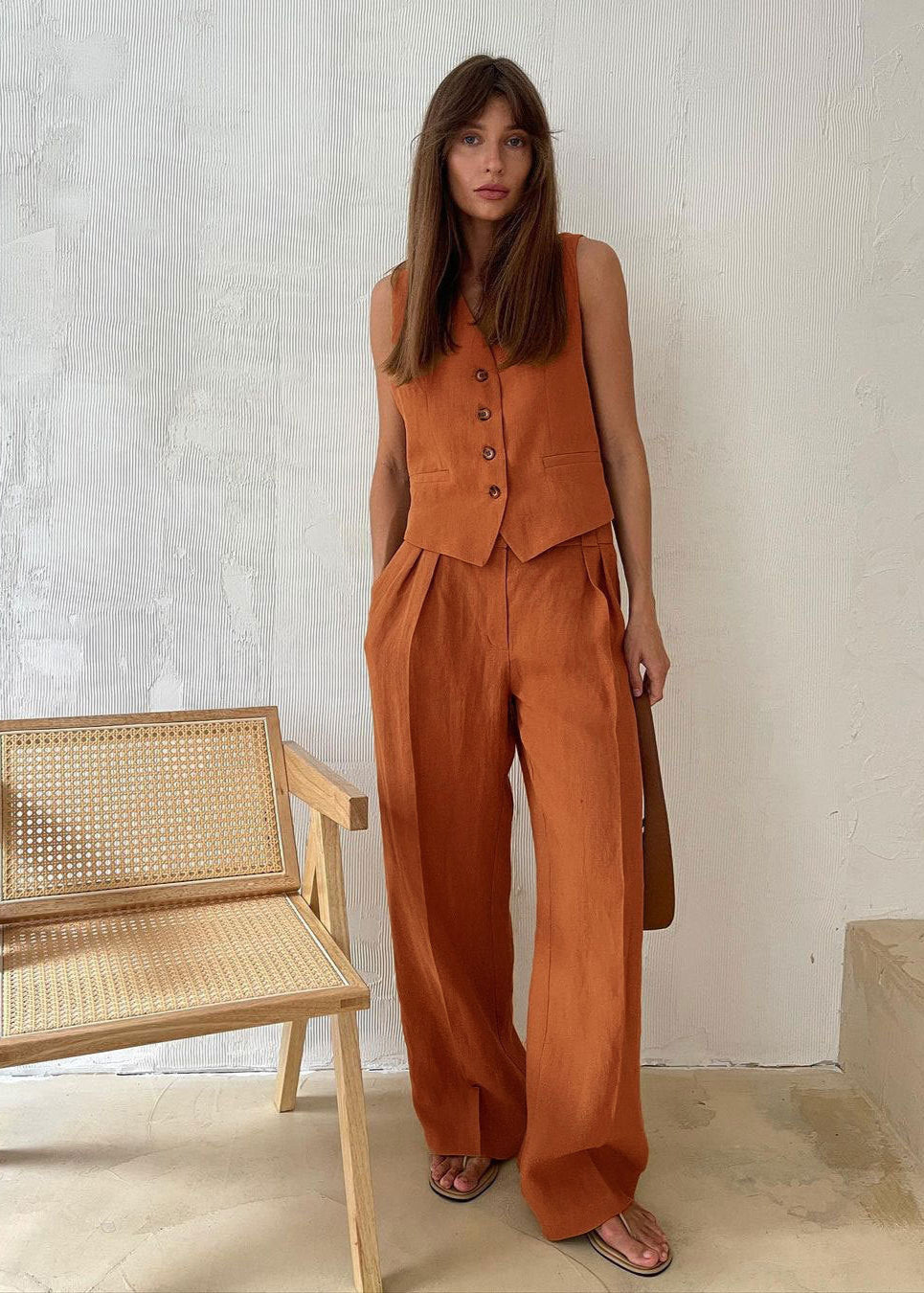 Linen Vest And Wide Leg Pants Set With Soft Pleats