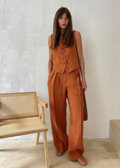 Linen Vest And Wide Leg Pants Set With Soft Pleats
