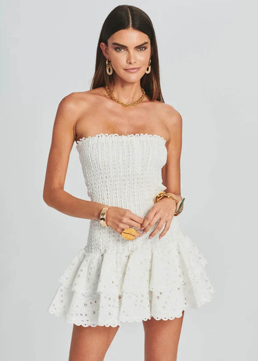 Strapless Smocked Embroidered Cotton Mini Dress