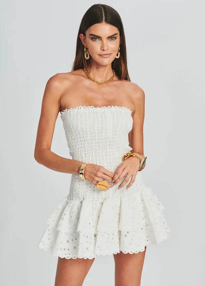 Strapless Smocked Embroidered Cotton Mini Dress