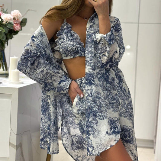 Vintage Ink Blossom Shirt and Shorts Set for Women