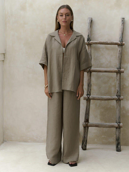 Cotton Casual Short Sleeve Top and Pants Set