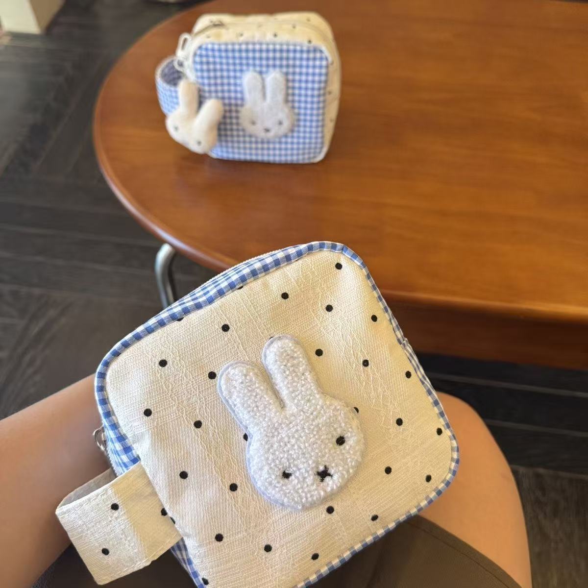 Blue Checkered Bunny Storage Bag Cute Animal Camera Bag