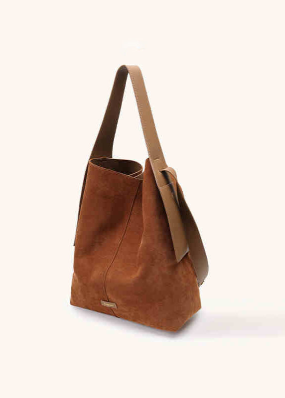 Suede Leather Bucket Tote Bag Brown Green