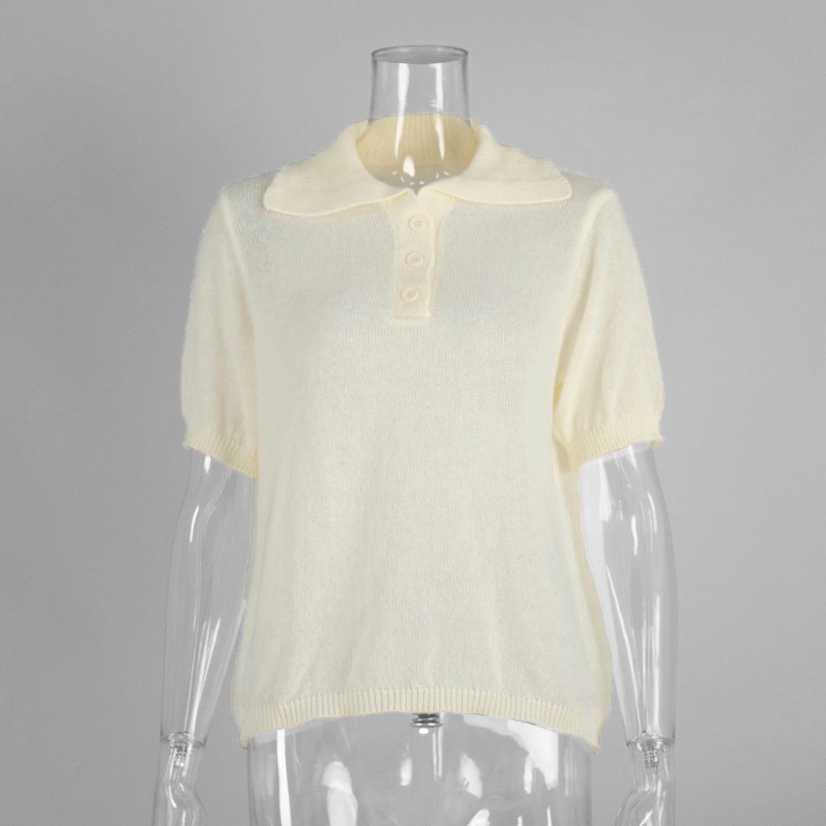 Casual Polo Knitted Short Sleeve Sweater With Puff Sleeves