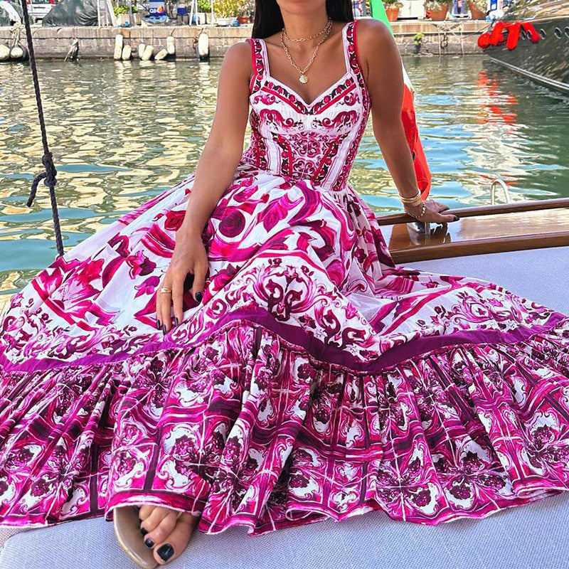 New Women'S Fashion Temperament Printed Suspenders Sleeveless Waist Swing Dress