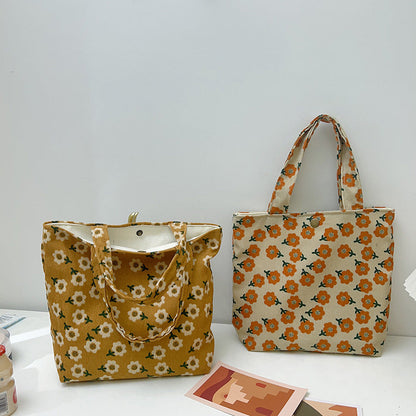 Retro Floral Corduroy Tote Bag Stylish Soft Handbag