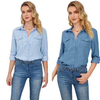 Trendy Casual Denim Button-Up Shirt with Polo Collar