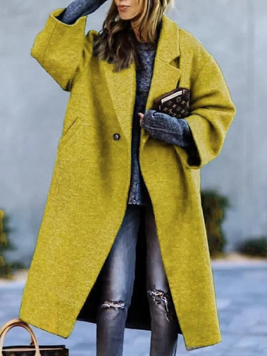 Classic Long Solid Color Wool Blend Coat For Women