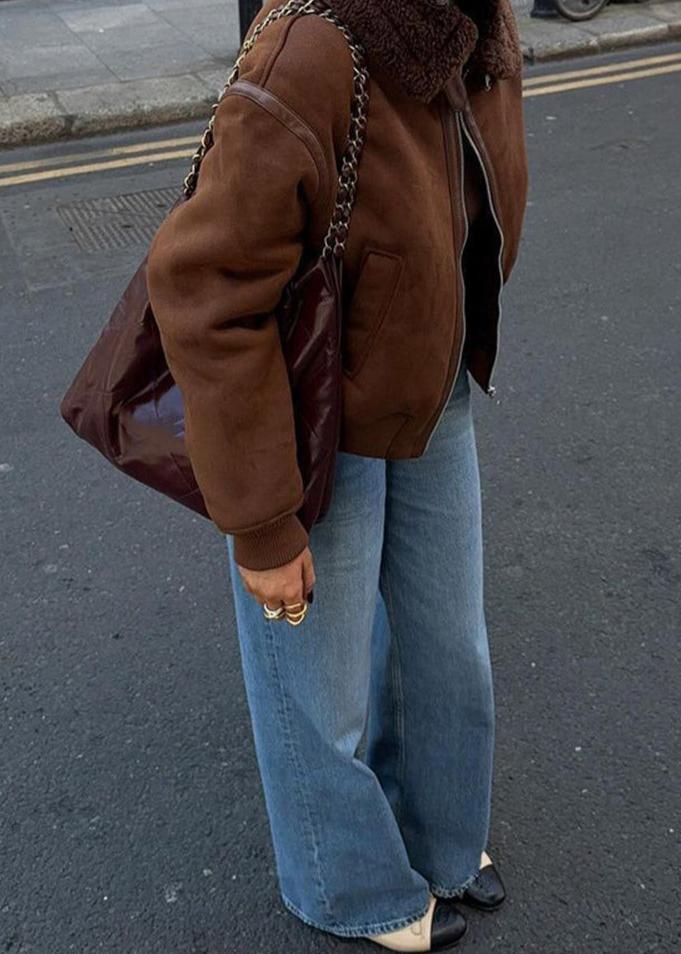 Faux Suede Aviator Style Shearling Jacket Brown