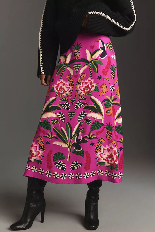 Retro Tropical Plant Print A-Line Skirt for Women