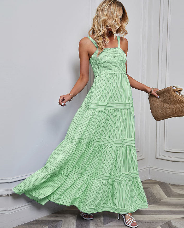 Solid Color Striped Spaghetti Long Dress