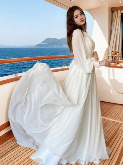 Elegant Long Sleeve A-Line Dress In White
