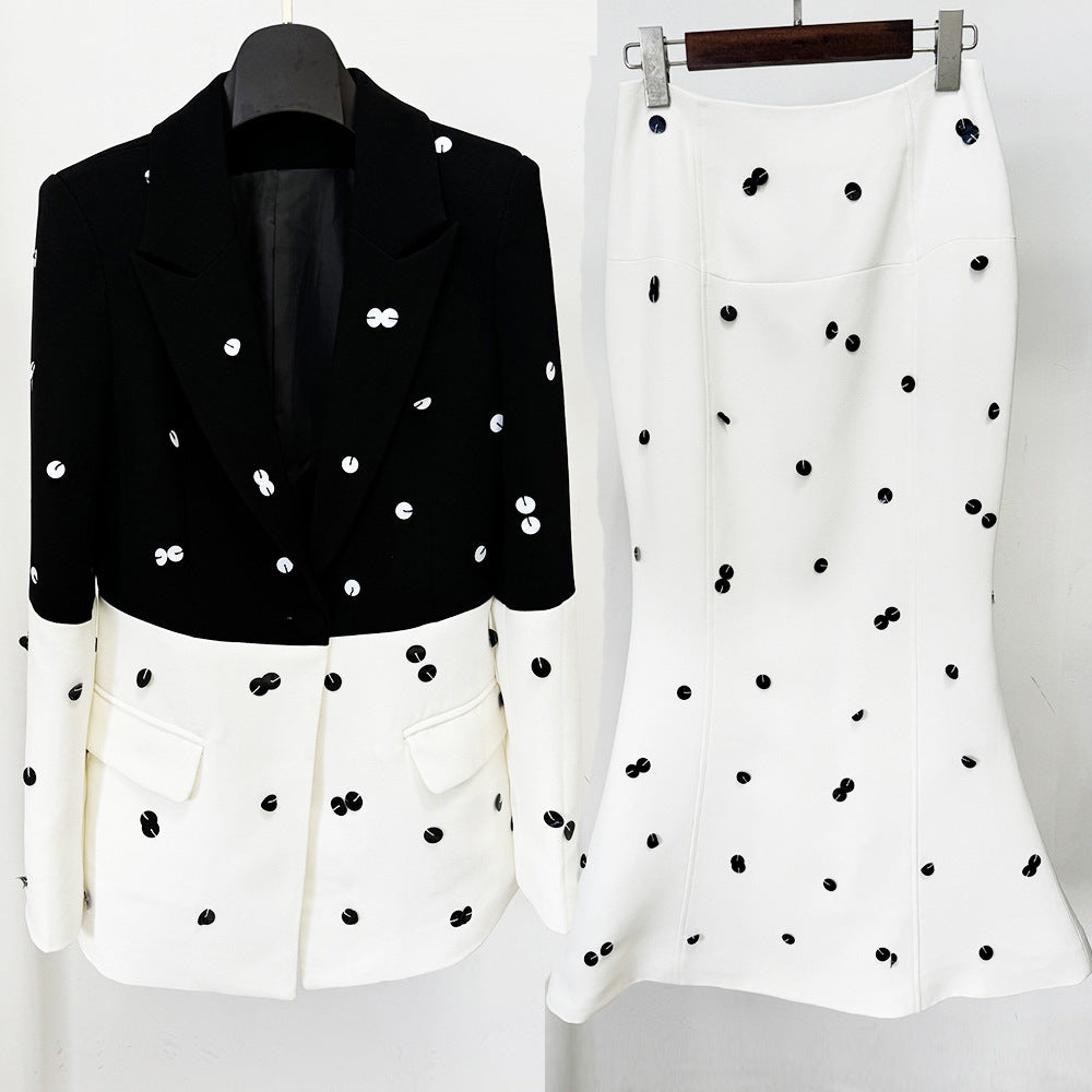 New Color-Blocked Sequined Blazer And Mermaid Skirt Set