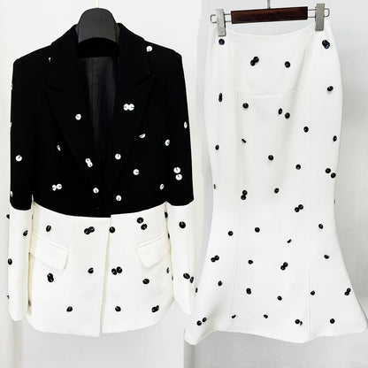 New Color-Blocked Sequined Blazer And Mermaid Skirt Set