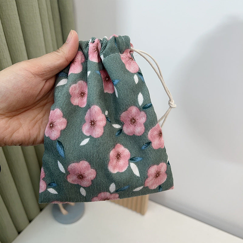 Mini Drawstring Corduroy Canvas Bag Portable Floral Storage Pouch