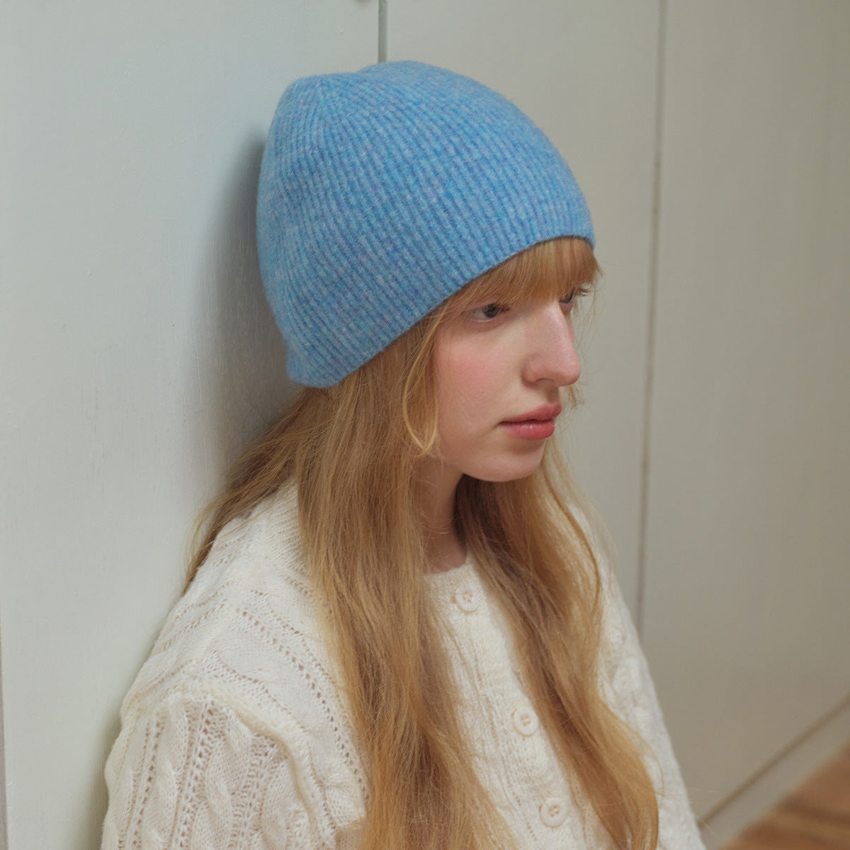 Solid Color Knit Beanie Hat for Women in Alpaca Wool Blend