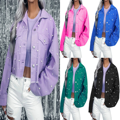 Casual Street Style Denim Jacket with Beads