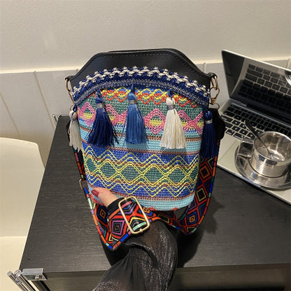 Trendy Woven Bucket Bag for Women with Fringe