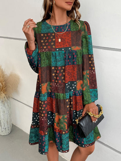 Women'S Round Neck Fashion Casual Long-Sleeved A-Print Dress