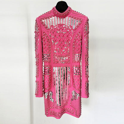 Elegant Sequin Bodycon Dress With Stand Collar