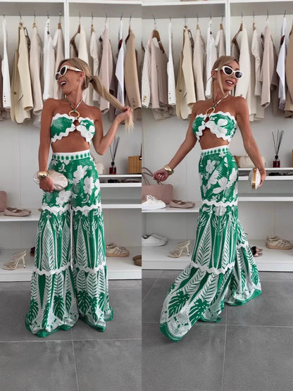Elegant Floral Lace Beach Pants Set Linen Comfortable Casual