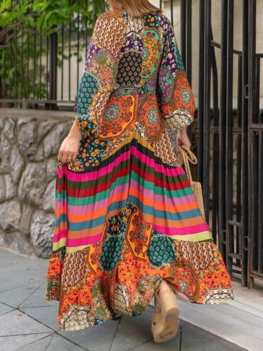 Positioning Printing Large Swing Super Long Ethnic Style Dress Women'S Pleated Summer New Temperament Long Skirt