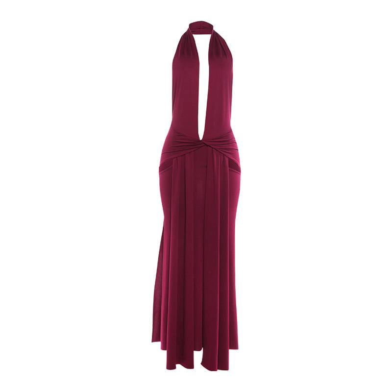 Trendy Deep V Neck Backless Maxi Dress For Women