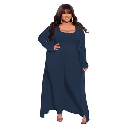 High Stretch Ribbed Three-Piece Set Stylish Casual Outfit