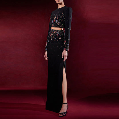 Trendy Beaded Short Jacket And Maxi Skirt Set