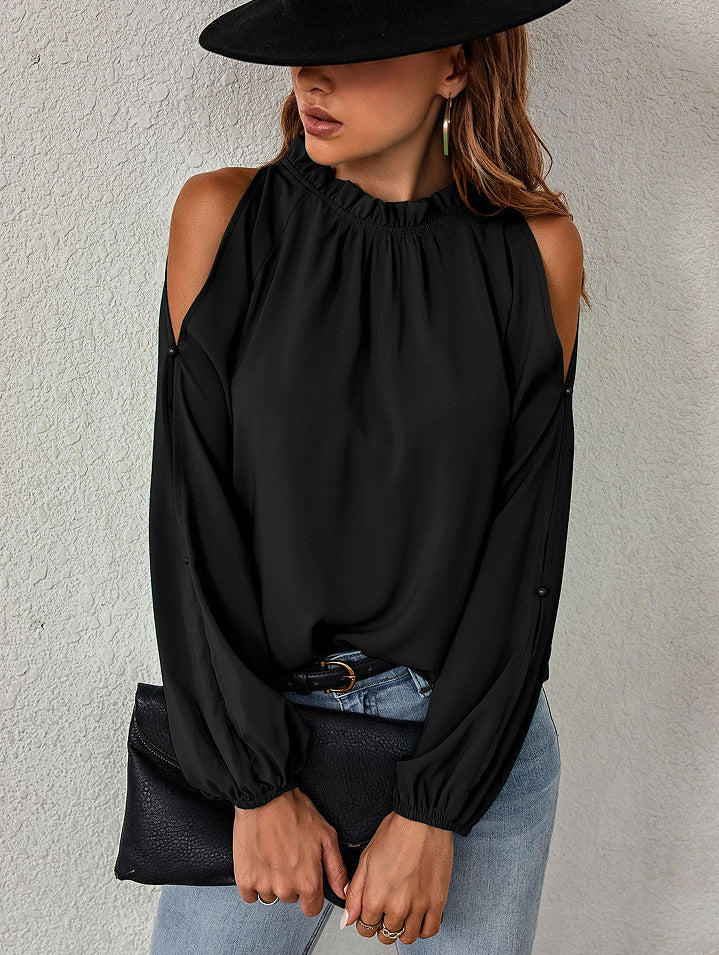 New Women'S Net Color Ruffle Round Neck, Long Sleeves, Creased Pleats, Off-The-Shoulder Fashion Blouse