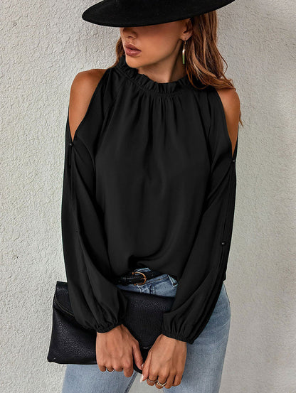 New Women'S Net Color Ruffle Round Neck, Long Sleeves, Creased Pleats, Off-The-Shoulder Fashion Blouse