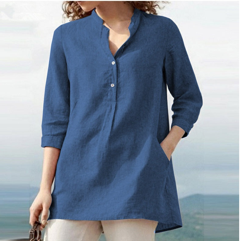 Women'S Wear Solid Color Seven Point Sleeve Stand Collar Cotton Hemp Casual Pullover Shirt